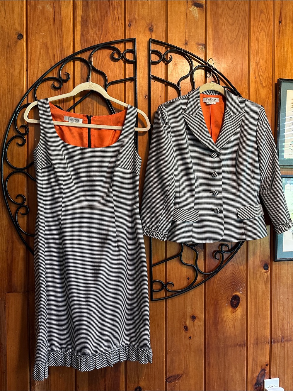 Kay Unger Black-and-White Gingham Dress with Orange Lining Sz 6 100% silk